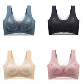 Lace Vest, Seamless Ice Silk Push-up, Breathable, Thin Bra, Beautiful Back, Big Breasts, Small Fixed Underwear (Option: 4pcs-M)